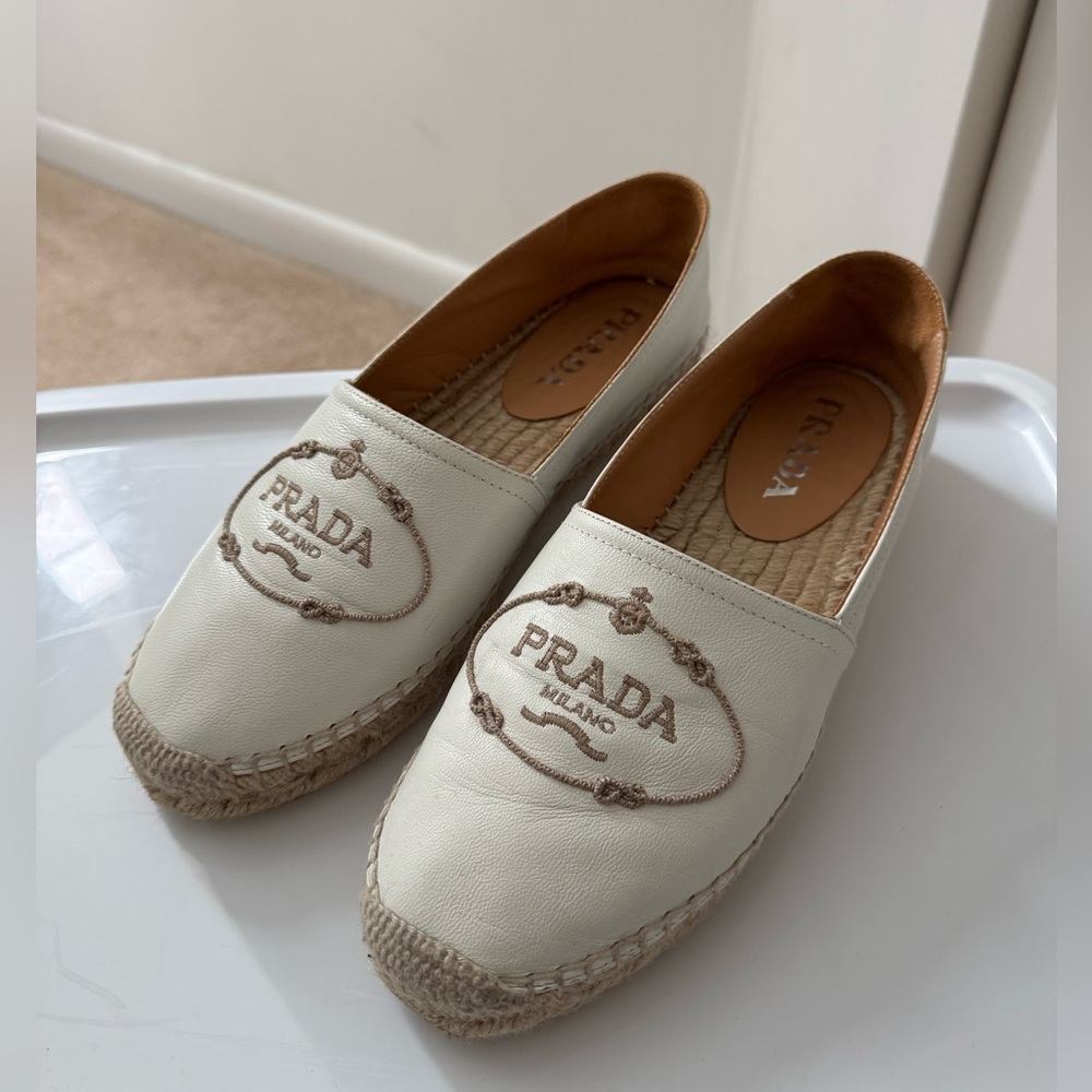 Prada Embossed Logo Hemp Espadrilles Flat Shoes